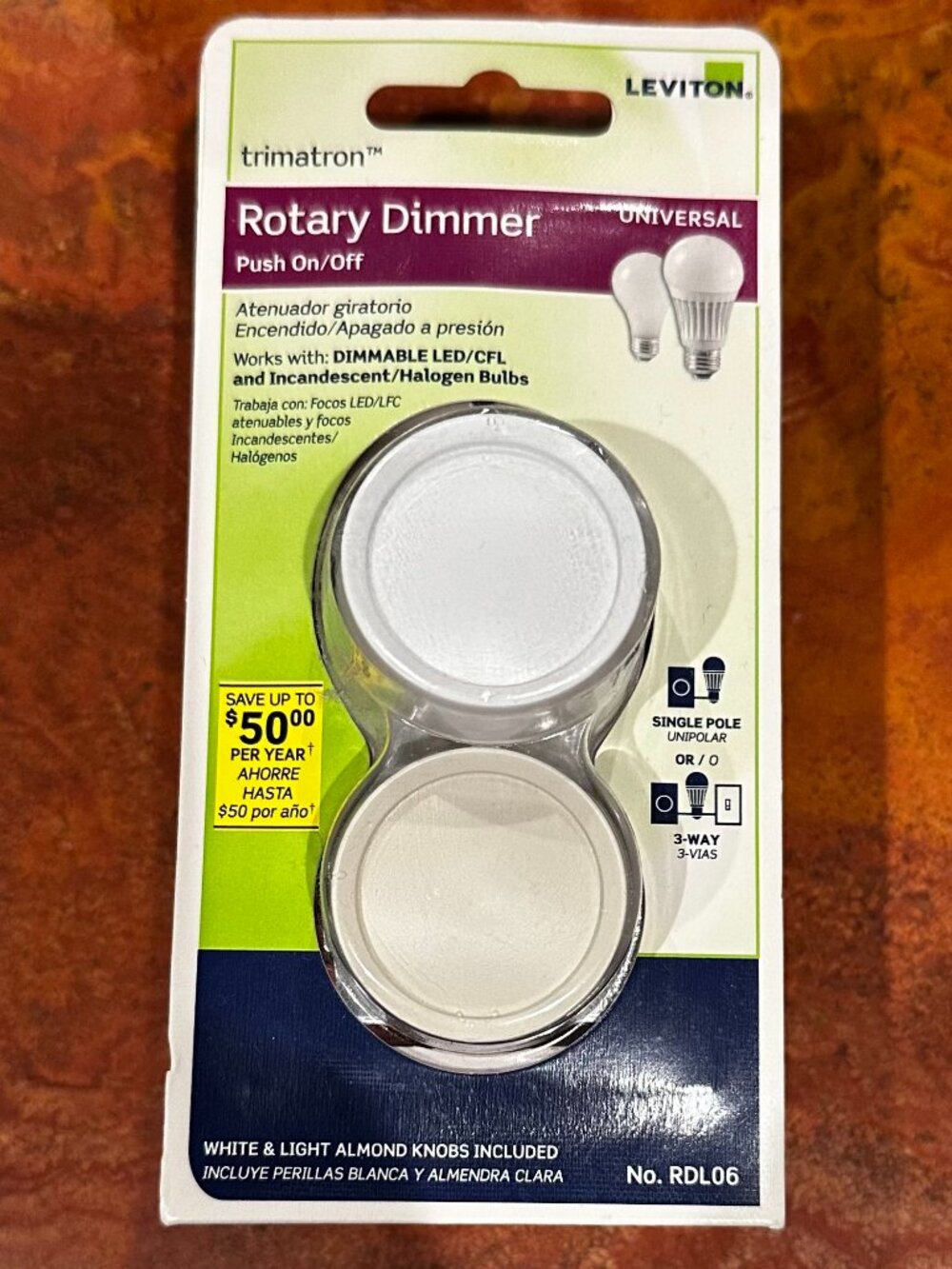 Trimatron Rotary Dimmer Push On/Off-LED/CFL/Incandescent-White/Light Almond